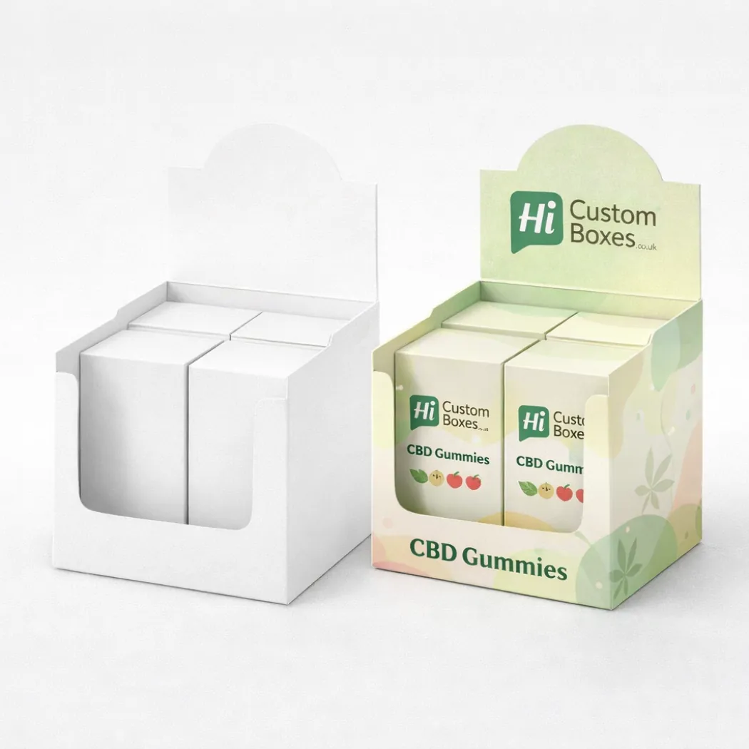 Two tall hanging boxes for CBD gummies- one plain white and one with colourful leaf patterns- class=